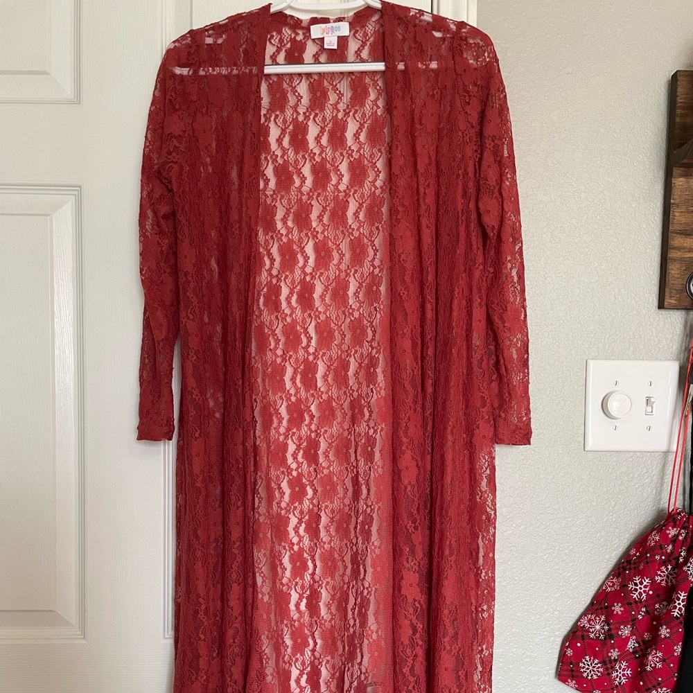 Red floral lace long cardigan